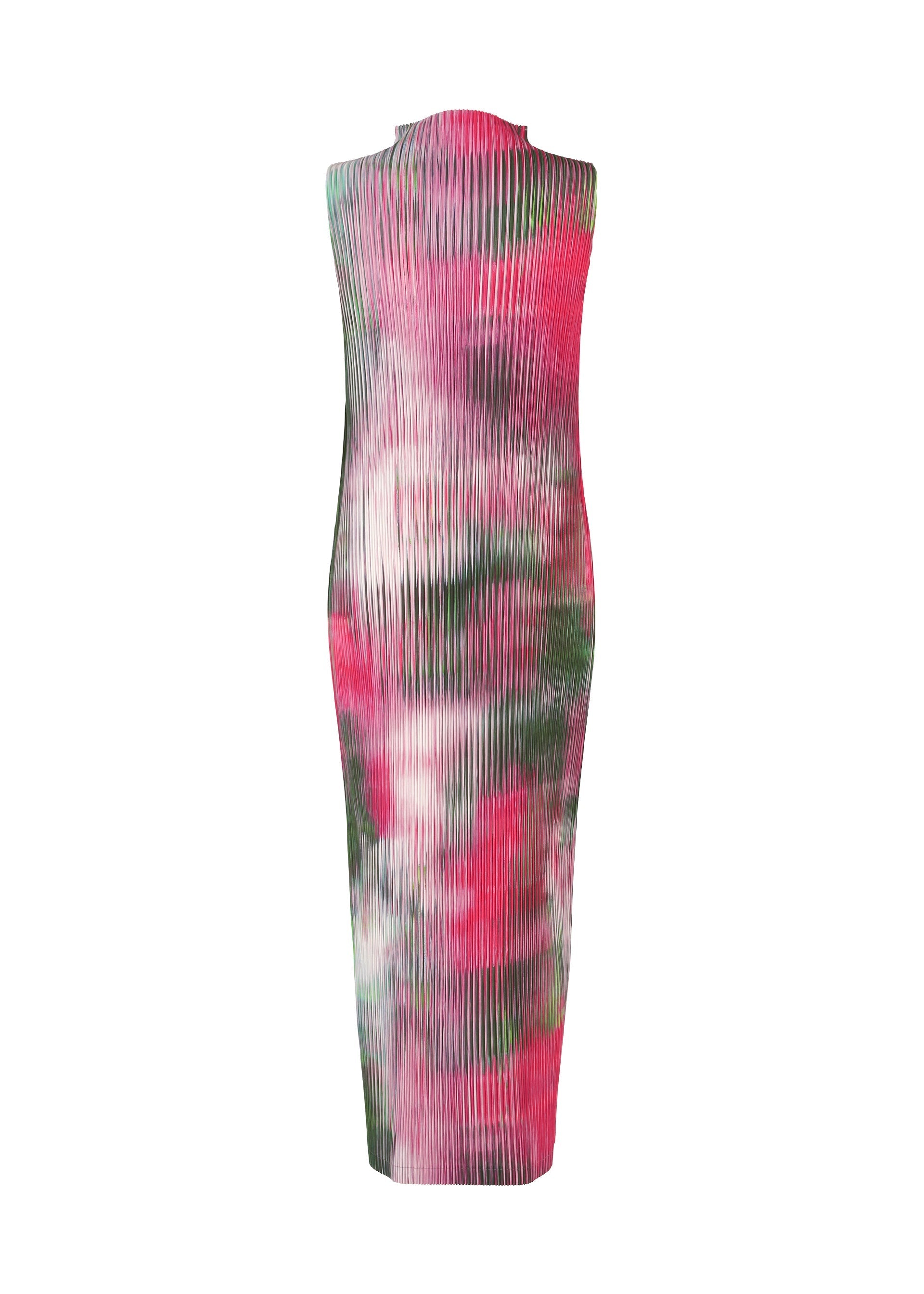 Zoomed view The OBSCURE PLEATS dress by ISSEY MIYAKE is a sleeveless, ankle-length, high-neck style with a ribbed texture and an abstract pink, red, white, and green tie-dye pattern. Shown from the back on a plain white background.