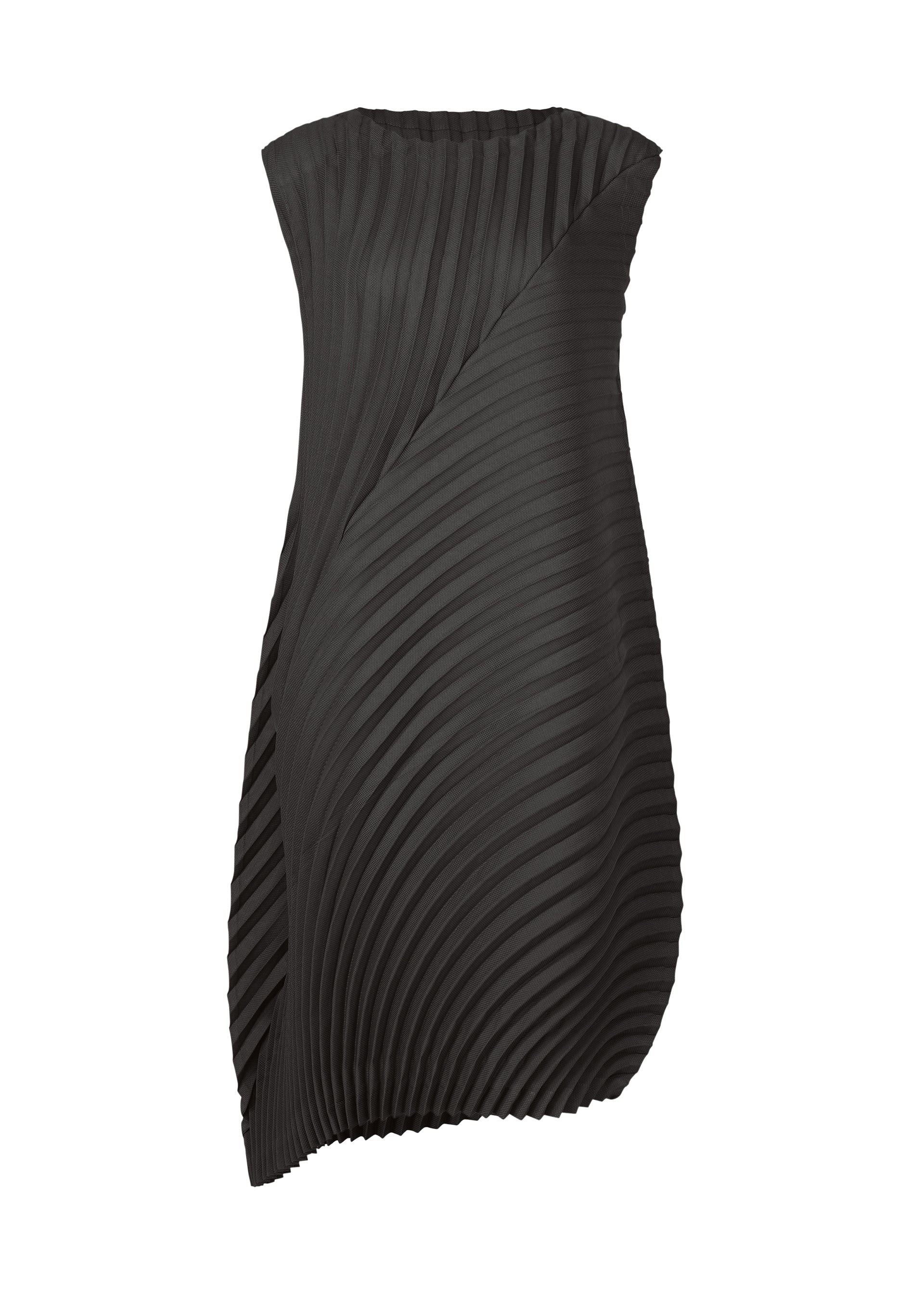 Zoomed view The CIRCLE PLEATS PB by ISSEY MIYAKE is a sleeveless black dress featuring handmade pleats and an asymmetrical hemline, crafted from plant-derived polyester for a modern, sculptural silhouette. - BLACK （no.15）