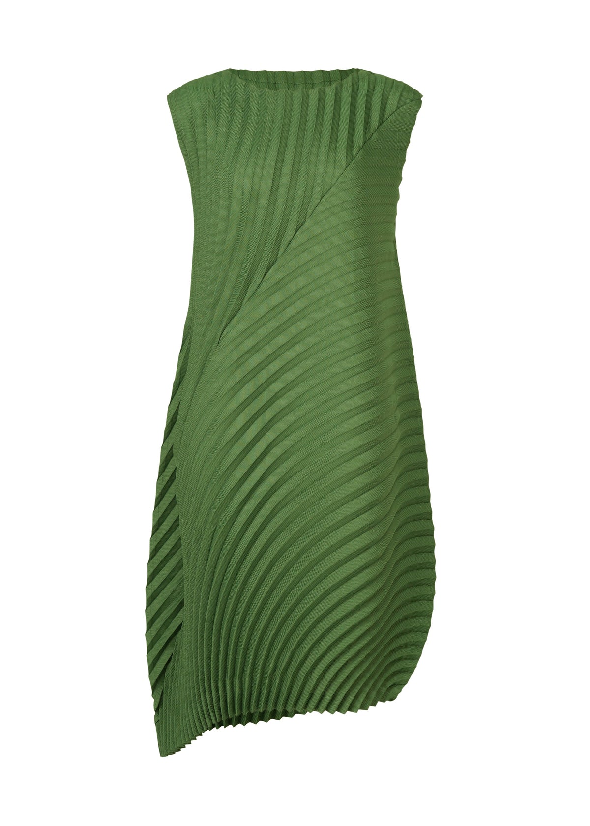 The CIRCLE PLEATS PB by ISSEY MIYAKE is a sleeveless green dress in plant-derived polyester, with handmade asymmetrical pleats and a loose silhouette for a modern, eco-conscious statement. view 3 of 6