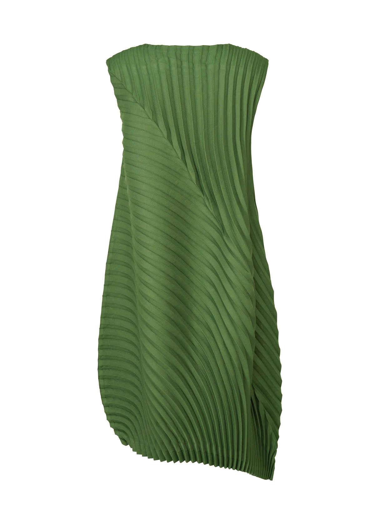 The CIRCLE PLEATS PB by ISSEY MIYAKE is a green, knee-length sleeveless dress with handmade pleats creating bold diagonal and curved textures on the fabric. view 4 of 6