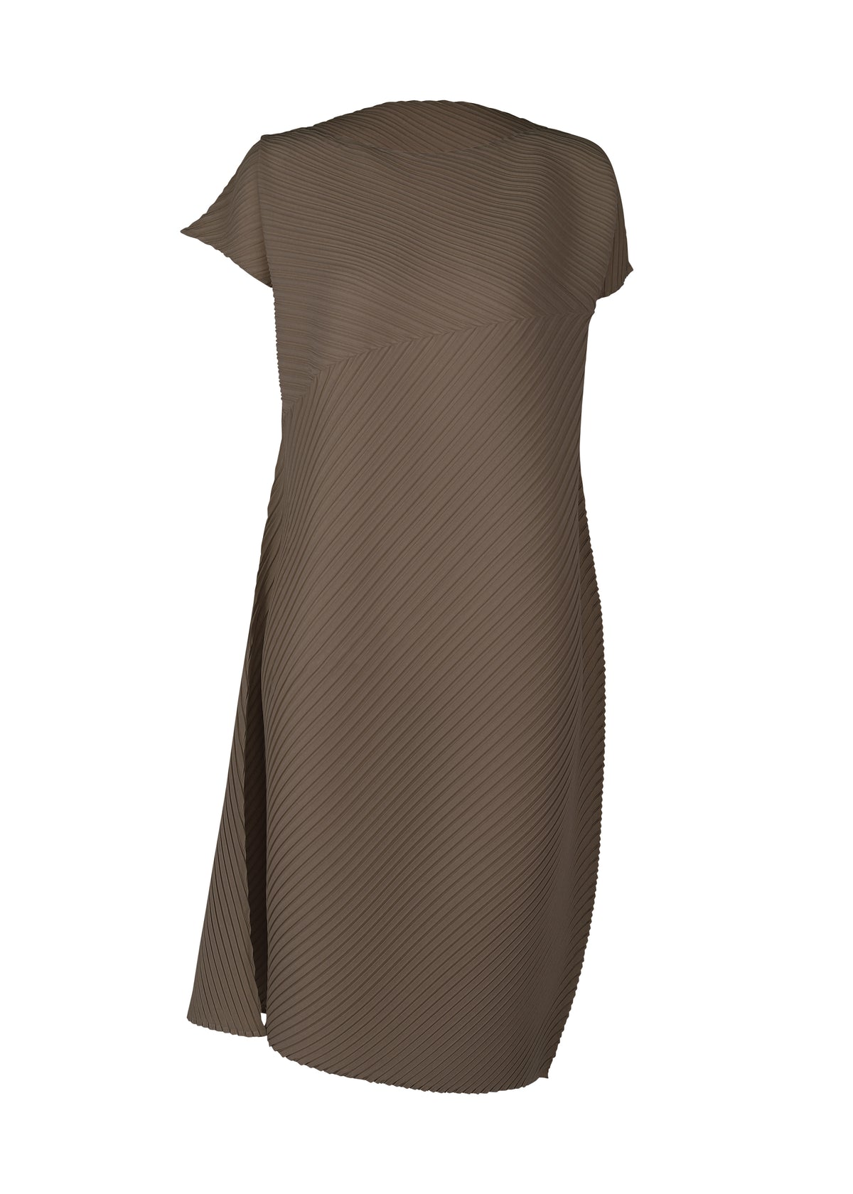 The ISSEY MIYAKE PLASTER PLEATS SOLID is a brown, asymmetrical knee-length crêpe de Chine dress with short sleeves and diagonal ribbed texture, featuring elegant box pleats. Displayed on a plain white background. view 2 of 6