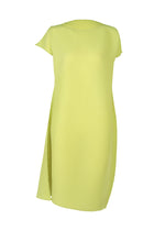 The ISSEY MIYAKE PLASTER PLEATS SOLID is a light yellow, asymmetrical crêpe de Chine dress featuring diagonal textured stripes, box pleats, and a relaxed fit, shown on a white background. - LIGHT GREEN （no.61）