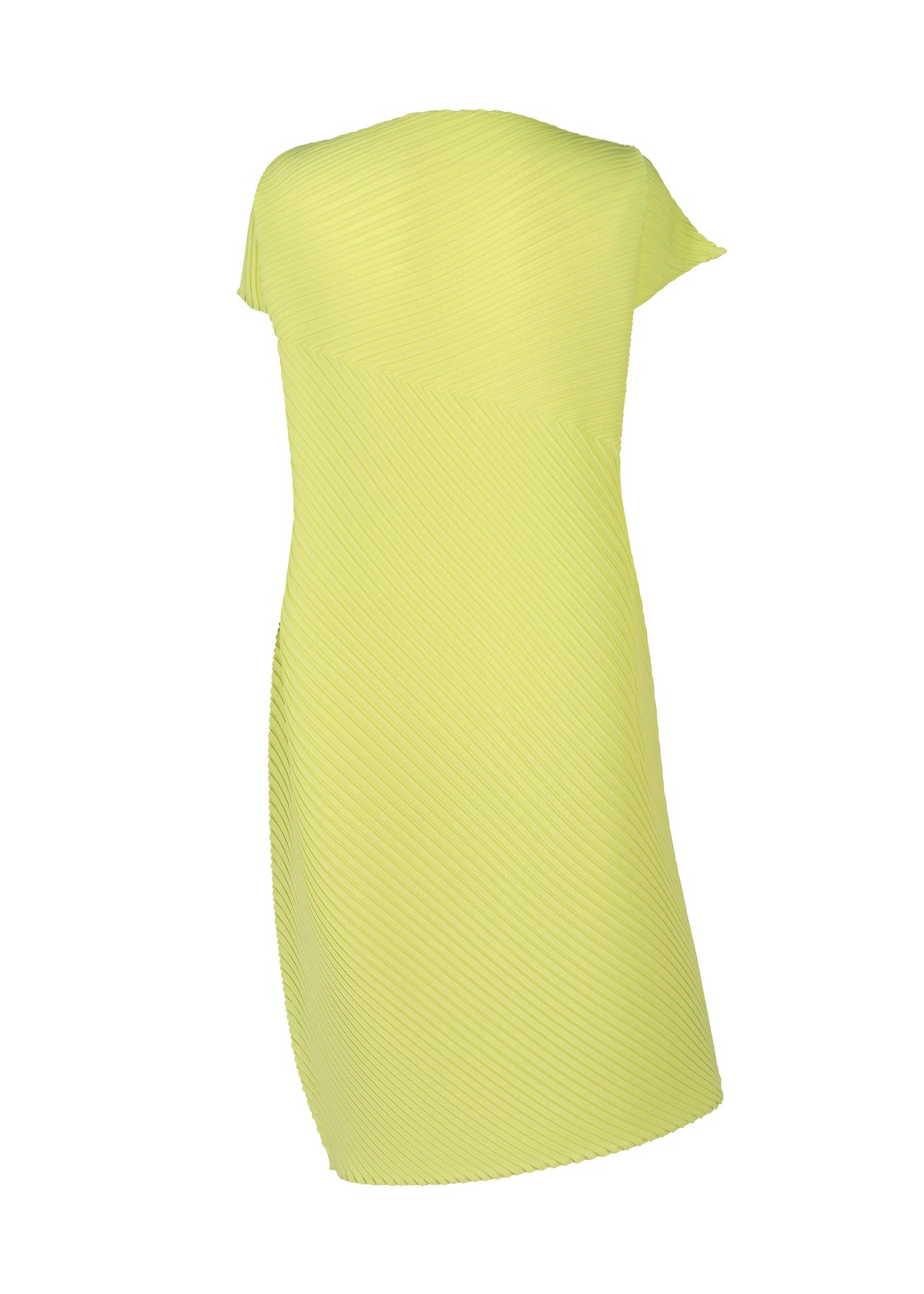 The ISSEY MIYAKE PLASTER PLEATS SOLID dress in light yellow features short sleeves, crêpe de Chine fabric, an asymmetrical off-shoulder design, diagonal ribbed texture, and box pleats, shown on a plain white background. view 4 of 6