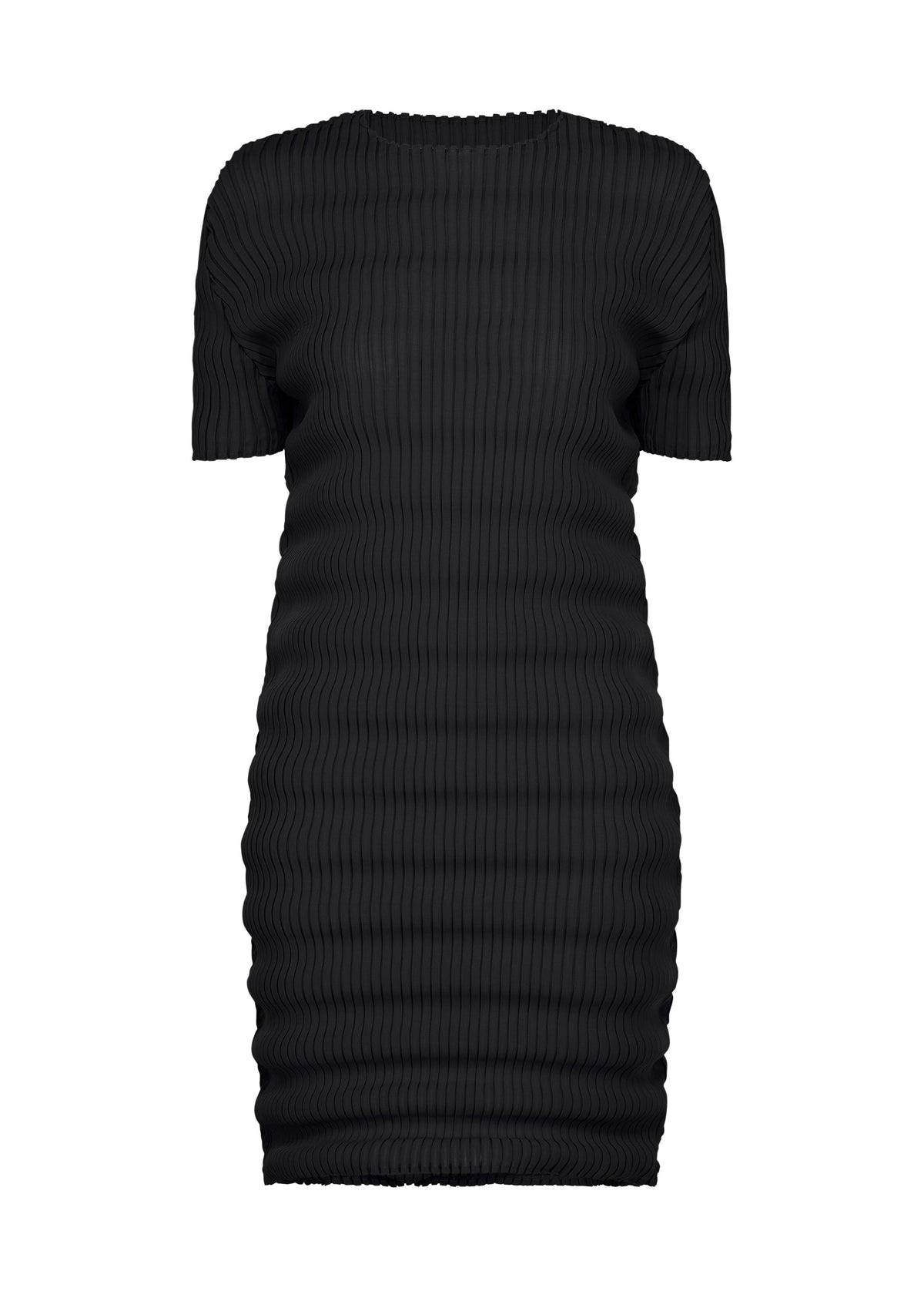 The SPRING PLEATS by ISSEY MIYAKE is a black, knee-length, short-sleeved mini dress with a round neckline, made from high-twist polyester and adorned with vertical handmade pleats. view 1 of 5