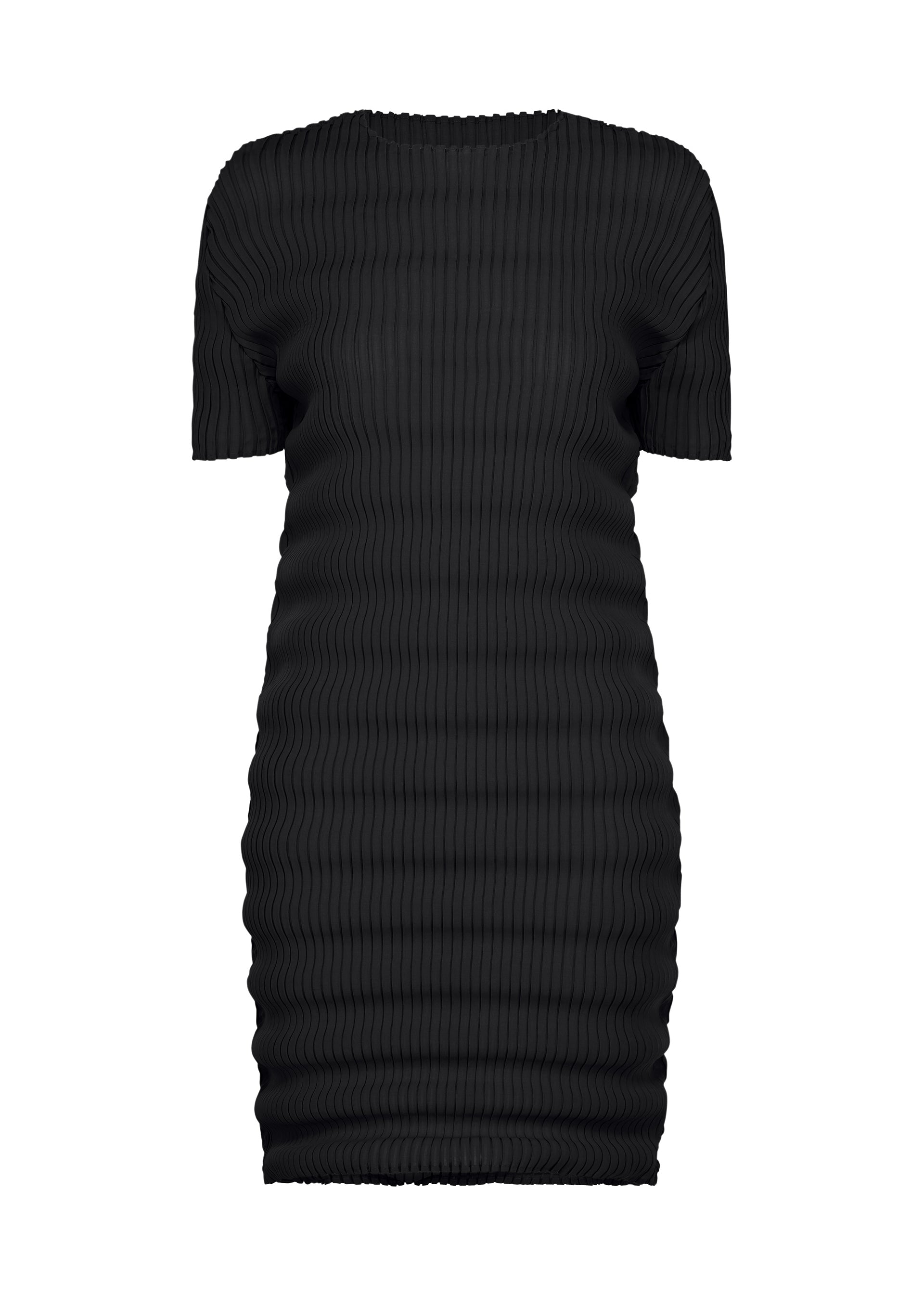 Zoomed view The SPRING PLEATS by ISSEY MIYAKE is a black, knee-length, short-sleeved mini dress with a round neckline, made from high-twist polyester and adorned with vertical handmade pleats. - BLACK （no.15）