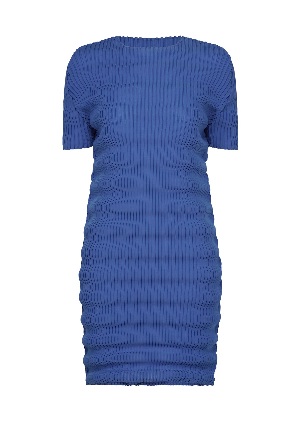 The ISSEY MIYAKE SPRING PLEATS is a short-sleeved, knee-length blue dress featuring a fitted silhouette and handmade textured pleats in high-twist polyester. view 2 of 5