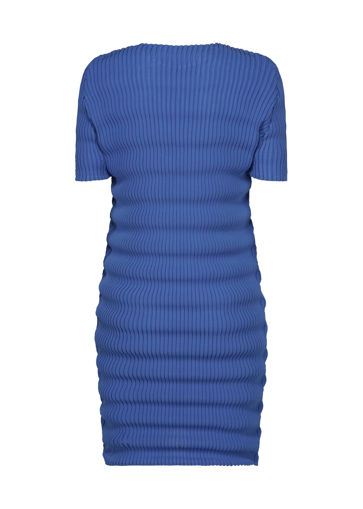 The SPRING PLEATS dress by ISSEY MIYAKE is a royal blue, short-sleeved, knee-length piece with a fitted silhouette and vertical ribbed pattern in high-twist polyester, shown on a plain white background. view 3 of 5