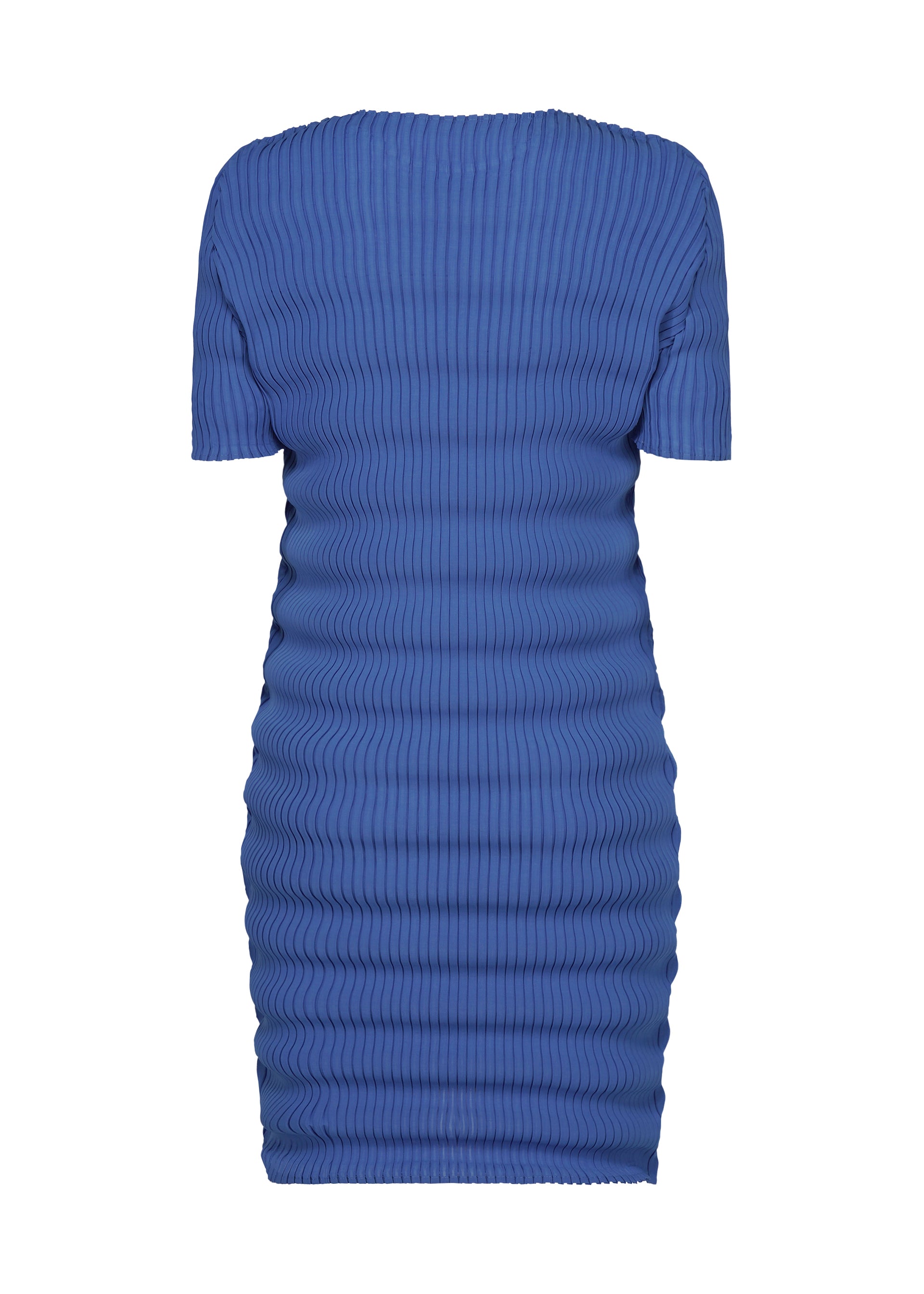 Zoomed view The SPRING PLEATS dress by ISSEY MIYAKE is a royal blue, short-sleeved, knee-length piece with a fitted silhouette and vertical ribbed pattern in high-twist polyester, shown on a plain white background.