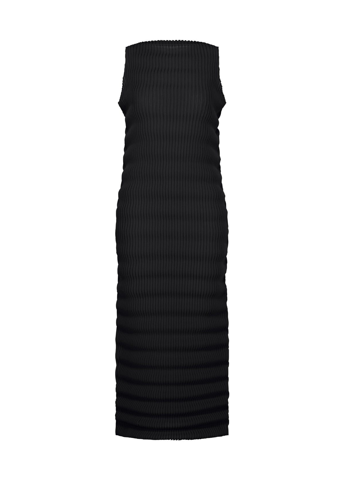 The ISSEY MIYAKE SPRING PLEATS dress, a sleeveless, form-fitting black design with vertical ribbing and handmade pleats, is shown against a plain white background. view 1 of 5
