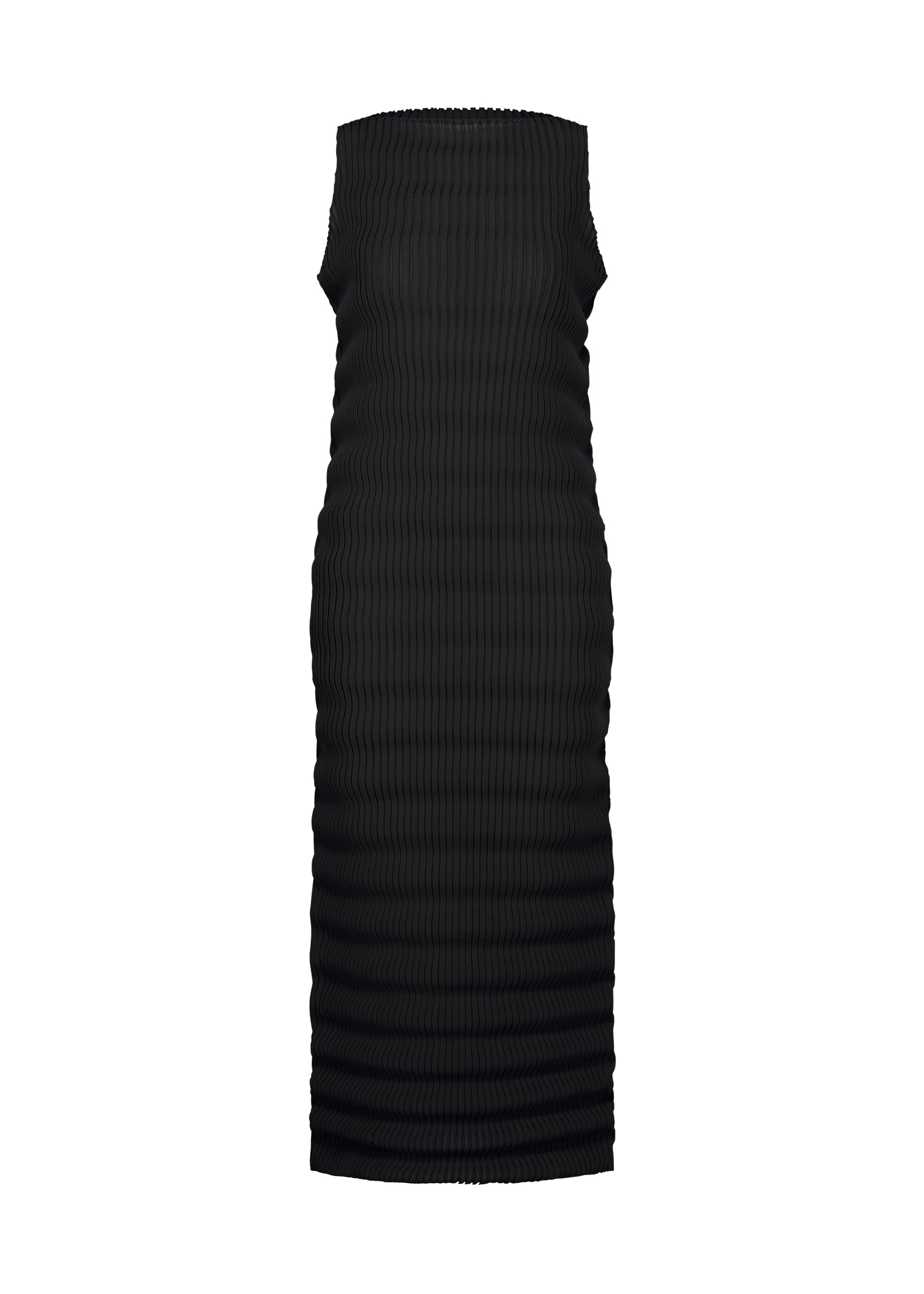 Zoomed view The ISSEY MIYAKE SPRING PLEATS dress, a sleeveless, form-fitting black design with vertical ribbing and handmade pleats, is shown against a plain white background. - BLACK （no.15）