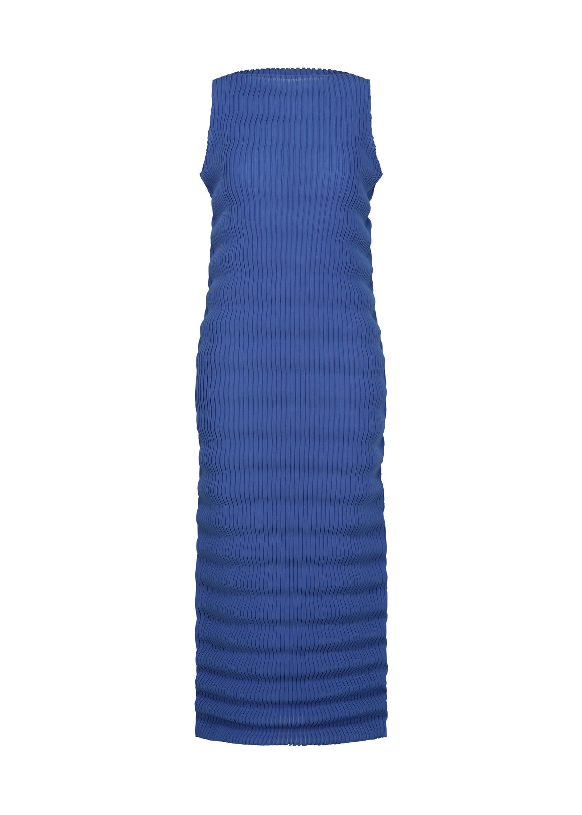 The ISSEY MIYAKE SPRING PLEATS is a blue, sleeveless, fitted midi dress in high-twist polyester with handmade pleats and a textured design, shown against a plain white background. view 2 of 5