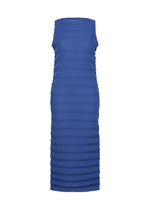 The ISSEY MIYAKE SPRING PLEATS is a blue, sleeveless, fitted midi dress in high-twist polyester with handmade pleats and a textured design, shown against a plain white background. - STARLING BLUE （no.74）