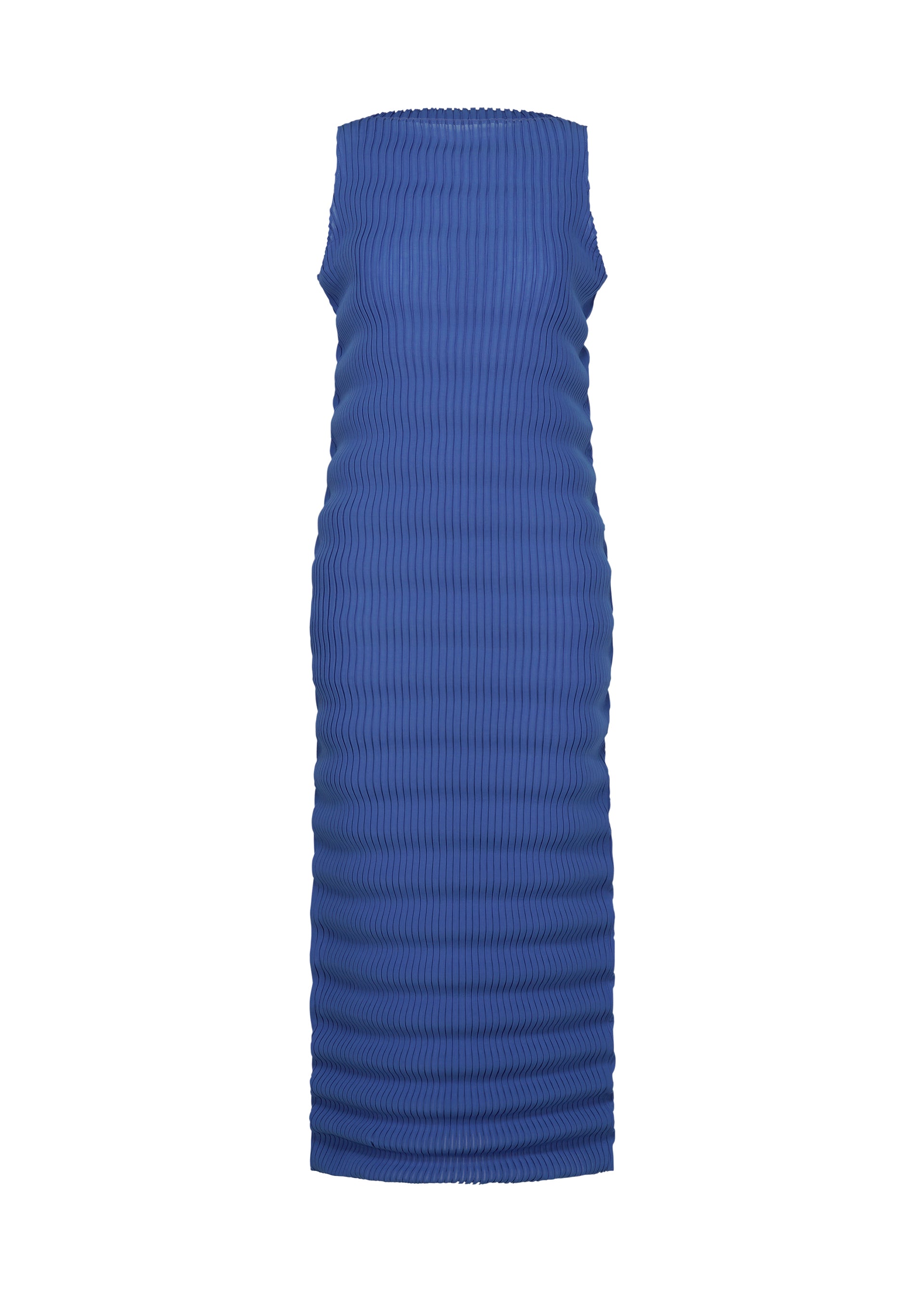 Zoomed view The ISSEY MIYAKE SPRING PLEATS is a blue, sleeveless, fitted midi dress in high-twist polyester with handmade pleats and a textured design, shown against a plain white background. - STARLING BLUE （no.74）