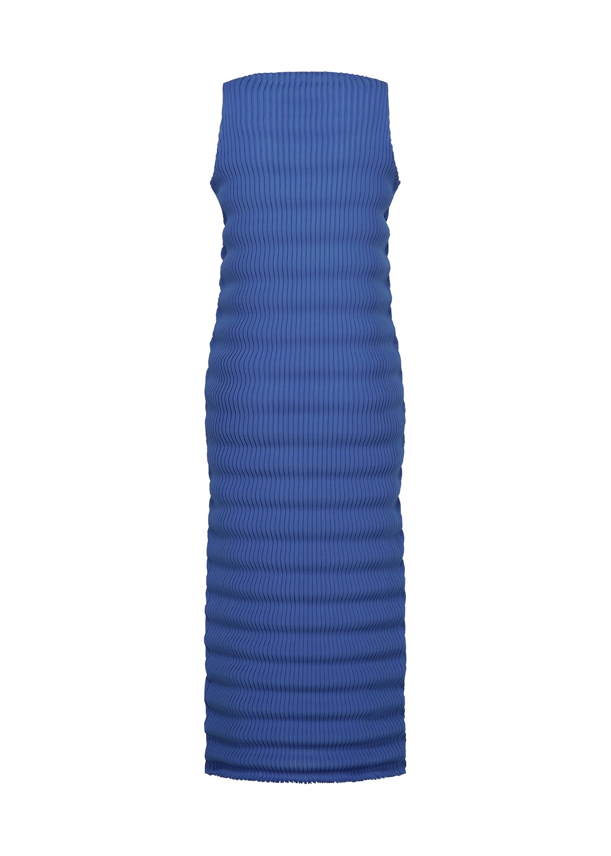 The SPRING PLEATS by ISSEY MIYAKE is a sleeveless, knee-length bodycon dress in textured blue high-twist polyester with handmade pleats, shown against a white background. view 3 of 5