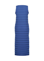 The SPRING PLEATS by ISSEY MIYAKE is a sleeveless, knee-length bodycon dress in textured blue high-twist polyester with handmade pleats, shown against a white background.