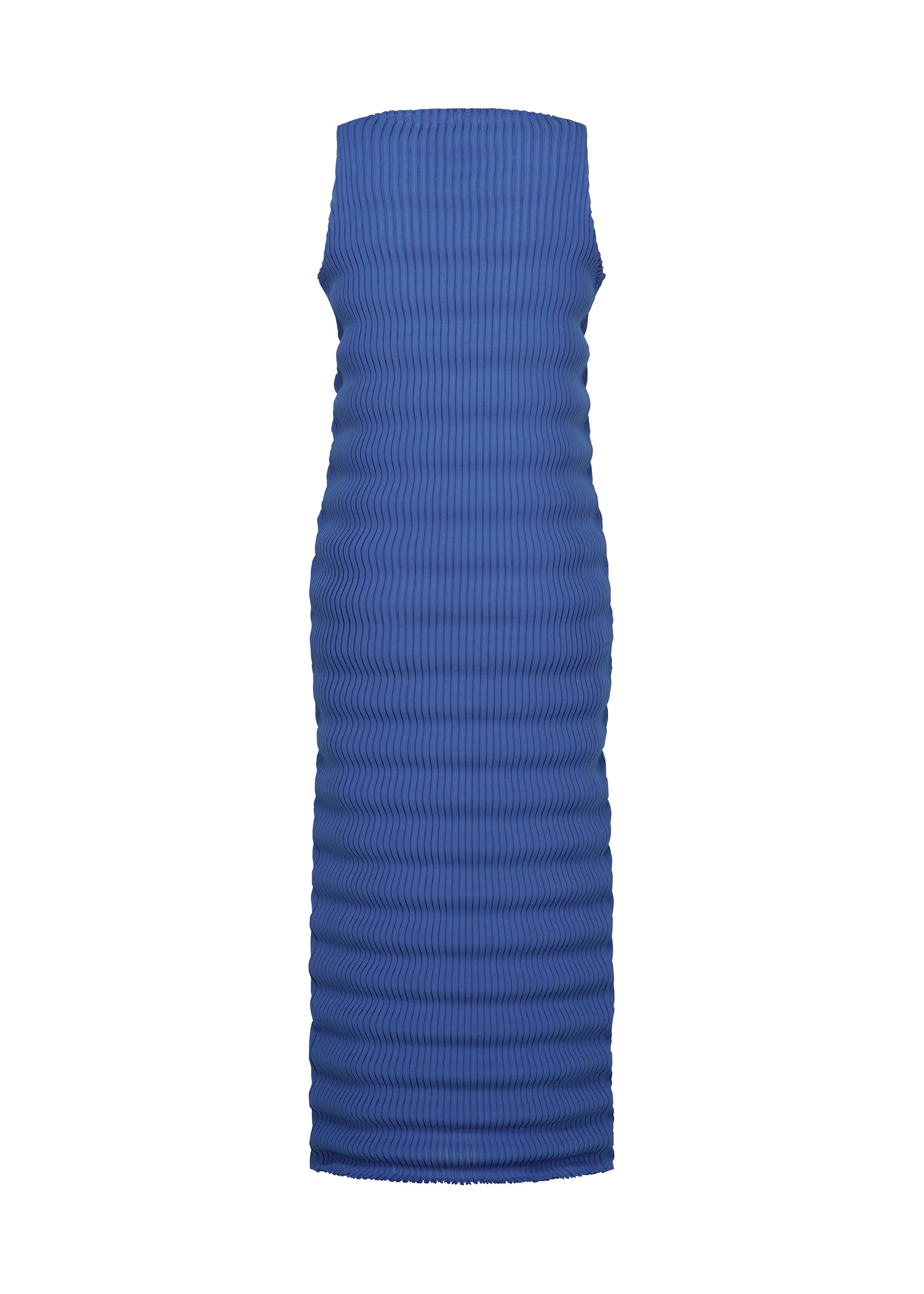 Zoomed view The SPRING PLEATS by ISSEY MIYAKE is a sleeveless, knee-length bodycon dress in textured blue high-twist polyester with handmade pleats, shown against a white background.