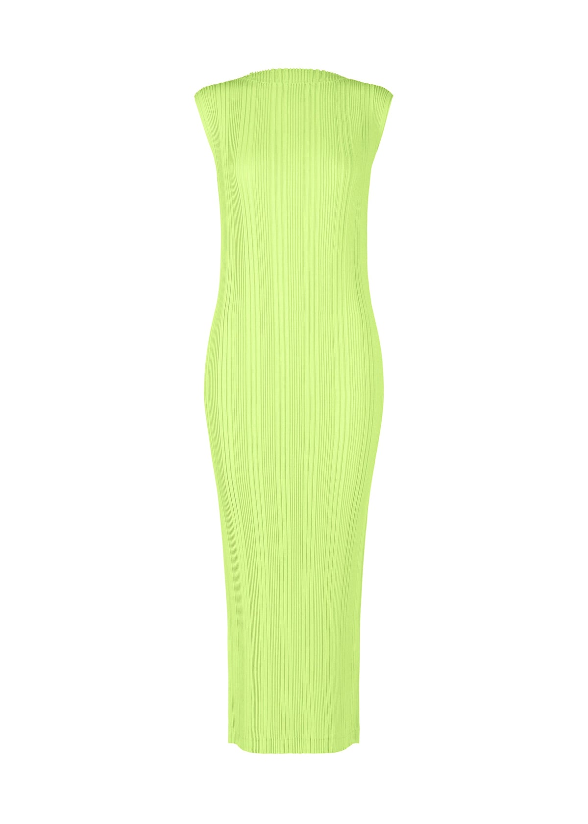 The LINEN LIKE RIB PLEATS by ISSEY MIYAKE is a sleeveless, form-fitting lime green midi dress with ribbed pleats, a straight neckline, and no visible fastenings, crafted from linen-like polyester and shown against a white background. view 2 of 6