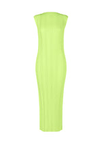 The LINEN LIKE RIB PLEATS by ISSEY MIYAKE is a sleeveless, form-fitting lime green midi dress with ribbed pleats, a straight neckline, and no visible fastenings, crafted from linen-like polyester and shown against a white background. - LIME GREEN （no.60）