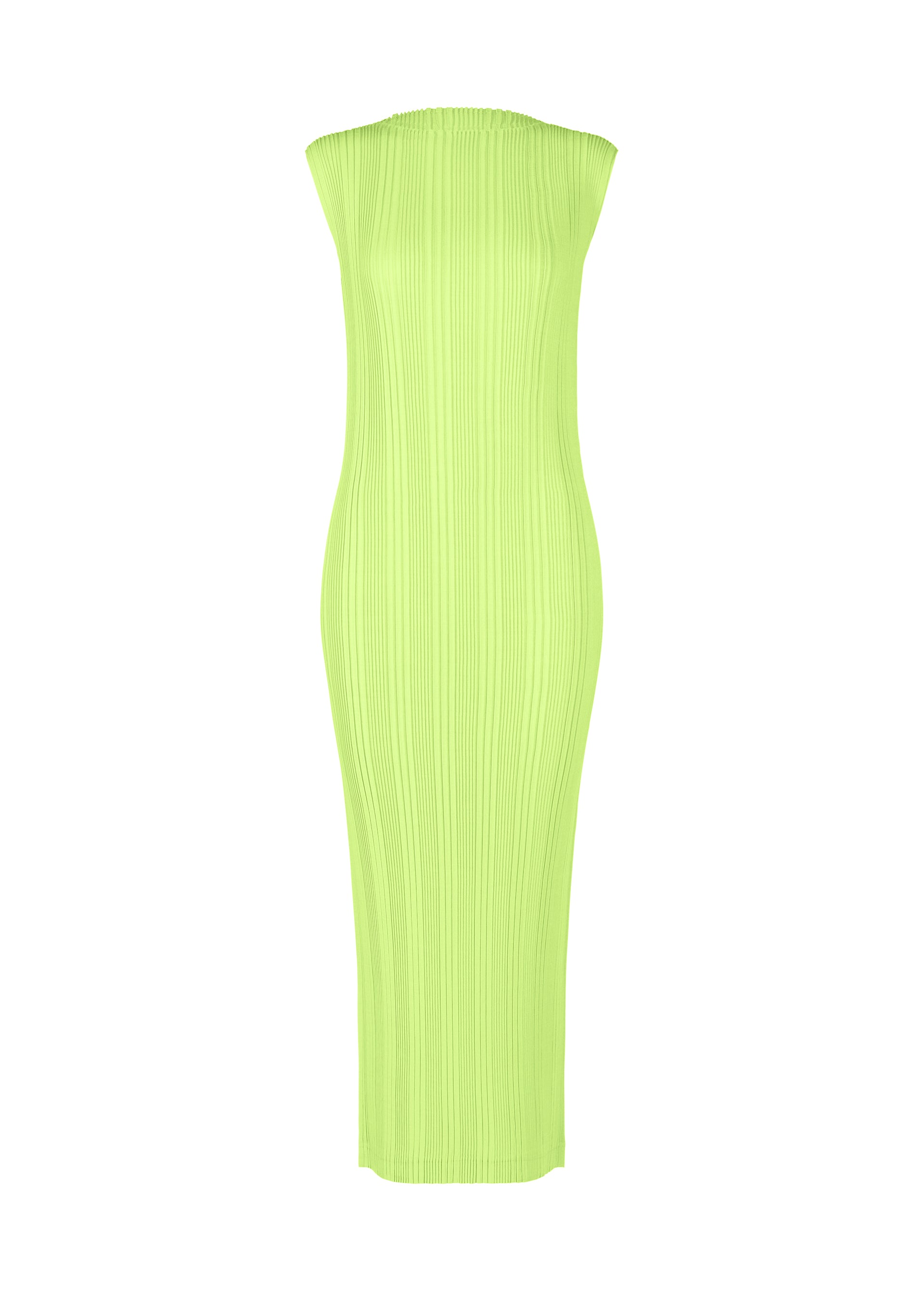 Zoomed view The LINEN LIKE RIB PLEATS by ISSEY MIYAKE is a sleeveless, form-fitting lime green midi dress with ribbed pleats, a straight neckline, and no visible fastenings, crafted from linen-like polyester and shown against a white background. - LIME GREEN （no.60）