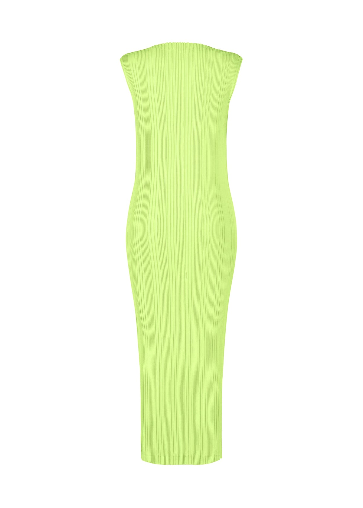 The ISSEY MIYAKE LINEN LIKE RIB PLEATS is a strapless, form-fitting lime green midi dress with a ribbed texture and straight neckline, shown against a white background. view 4 of 6