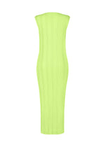 The ISSEY MIYAKE LINEN LIKE RIB PLEATS is a strapless, form-fitting lime green midi dress with a ribbed texture and straight neckline, shown against a white background.