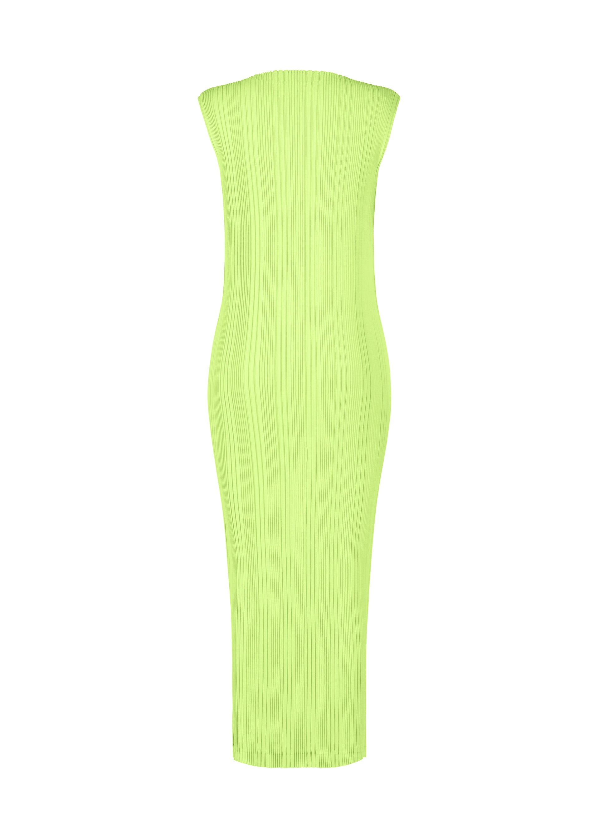 Zoomed view The ISSEY MIYAKE LINEN LIKE RIB PLEATS is a strapless, form-fitting lime green midi dress with a ribbed texture and straight neckline, shown against a white background.