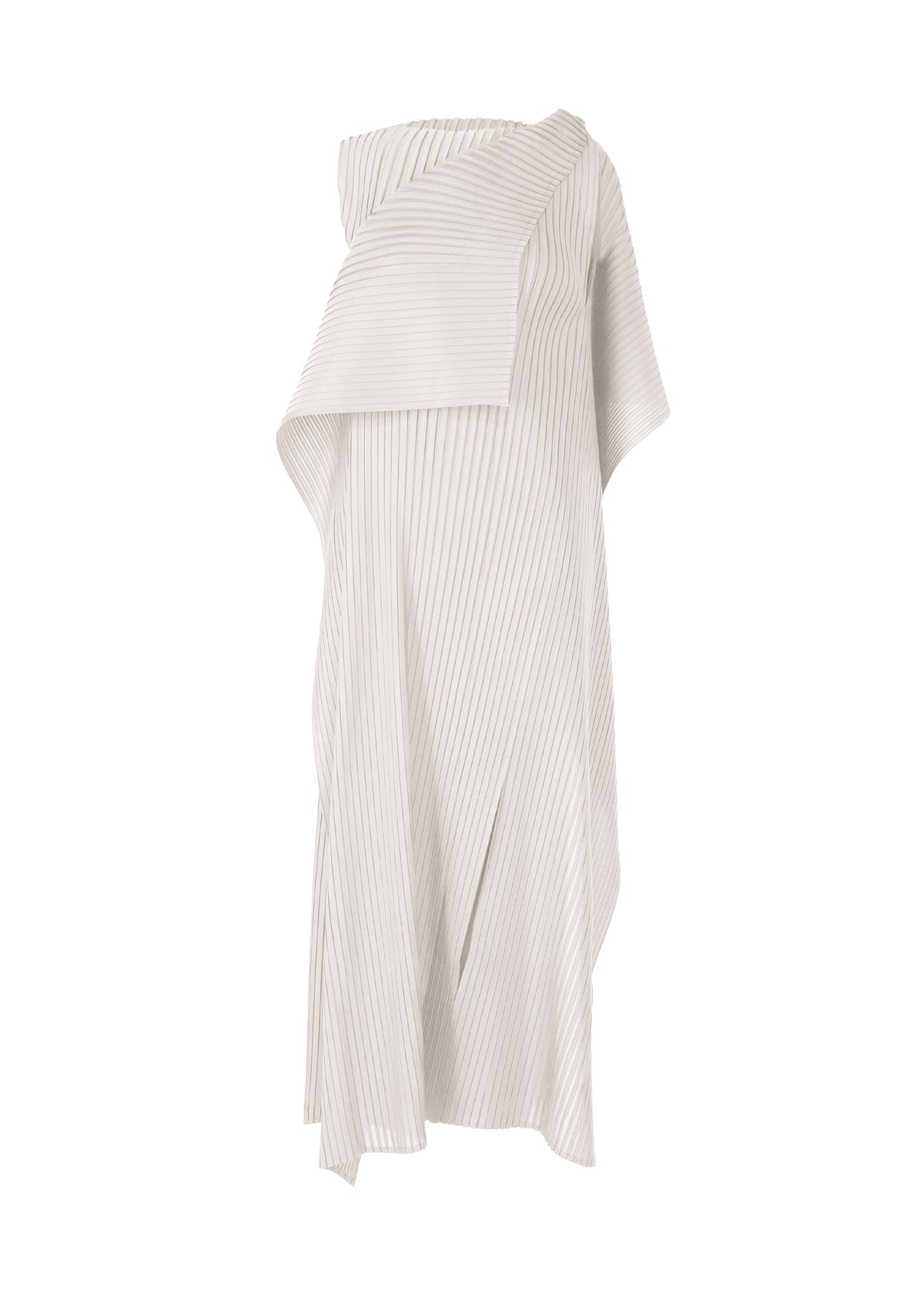 The PLEATED ON PLEATS dress by ISSEY MIYAKE is a white, asymmetrical piece with draped pleats and a textured geometric design, featuring layered lengths and a structured modern silhouette. view 1 of 8