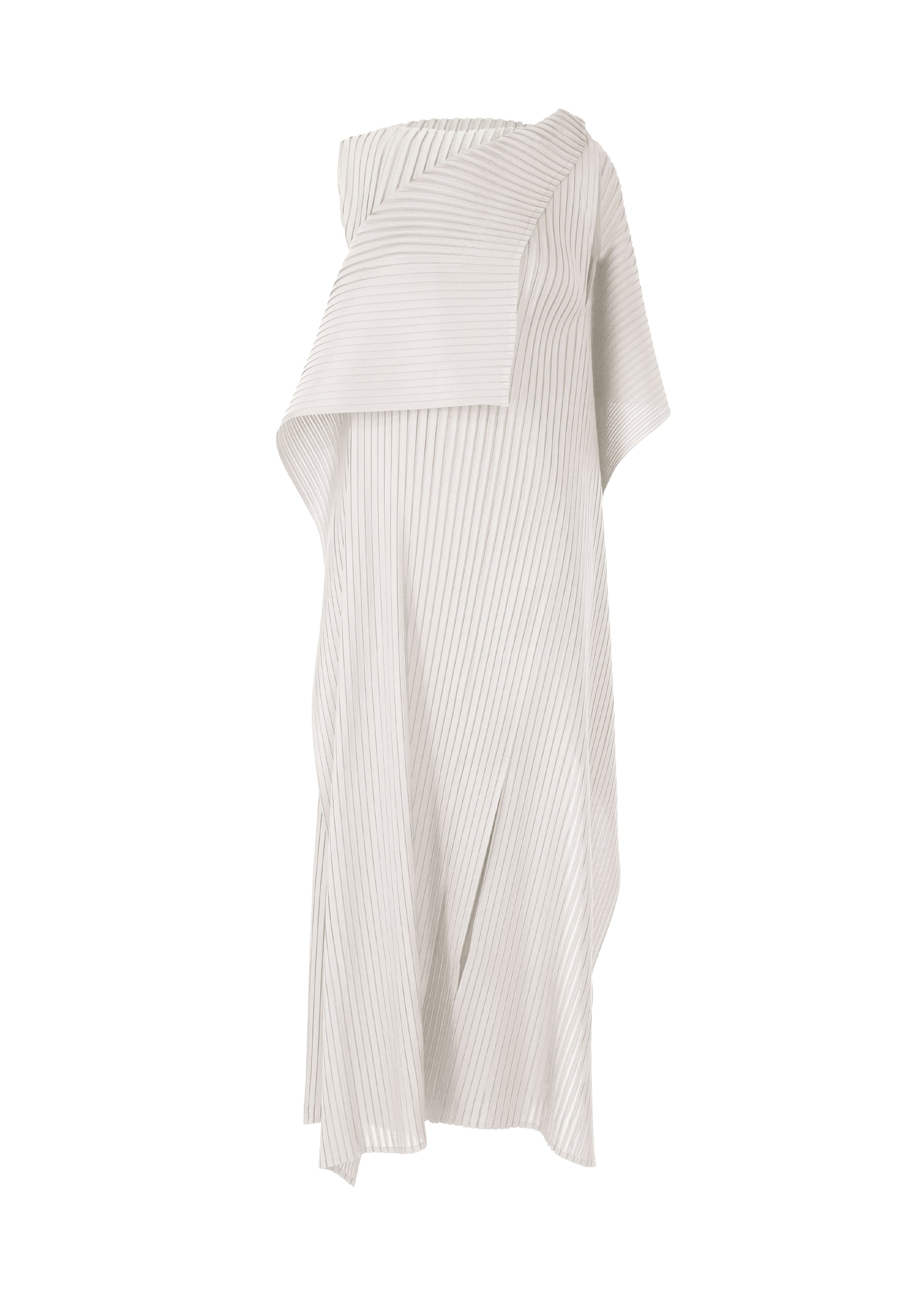 Zoomed view The PLEATED ON PLEATS dress by ISSEY MIYAKE is a white, asymmetrical piece with draped pleats and a textured geometric design, featuring layered lengths and a structured modern silhouette. - LIGHT GRAY （no.11）