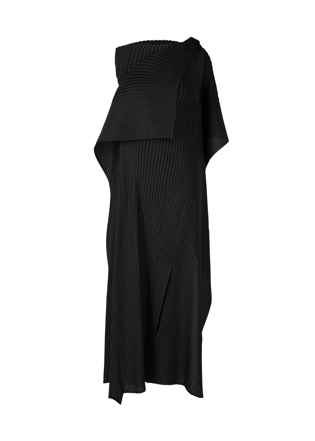 The PLEATED ON PLEATS dress by ISSEY MIYAKE is a black asymmetrical, off-the-shoulder piece with textured pleated fabric and draped, layered details for a modern sculptural statement. view 2 of 8