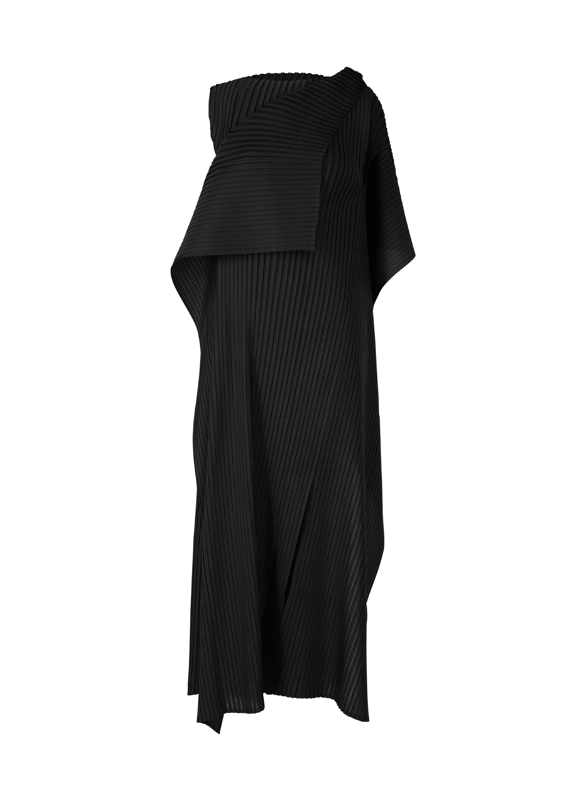 Zoomed view The PLEATED ON PLEATS dress by ISSEY MIYAKE is a black asymmetrical, off-the-shoulder piece with textured pleated fabric and draped, layered details for a modern sculptural statement. - BLACK （no.15）