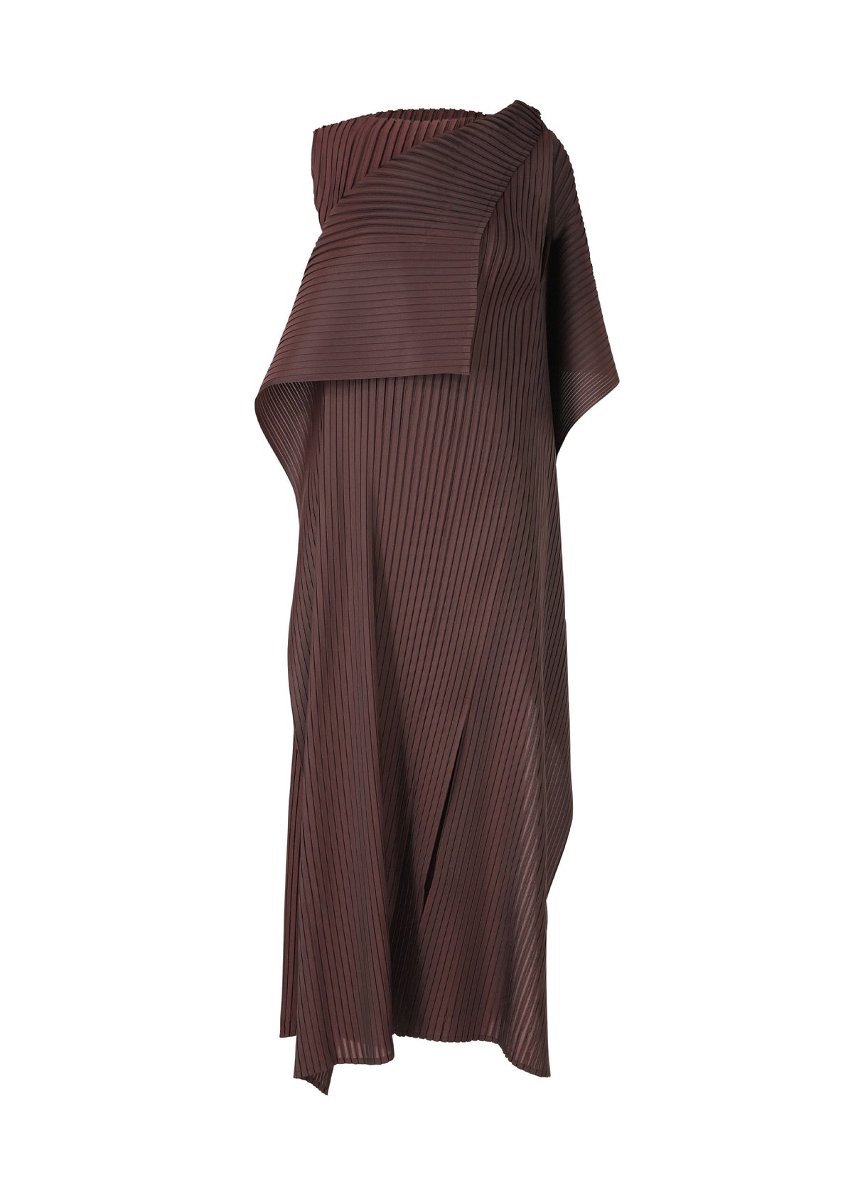 The PLEATED ON PLEATS dress by ISSEY MIYAKE is a modern, asymmetrical dark brown midi with an off-shoulder neckline and draped geometric pleats that create a sculptural silhouette. view 3 of 8