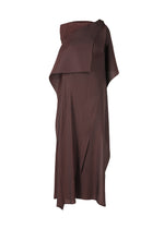 The PLEATED ON PLEATS dress by ISSEY MIYAKE is a modern, asymmetrical dark brown midi with an off-shoulder neckline and draped geometric pleats that create a sculptural silhouette. - BURGUNDY （no.85）