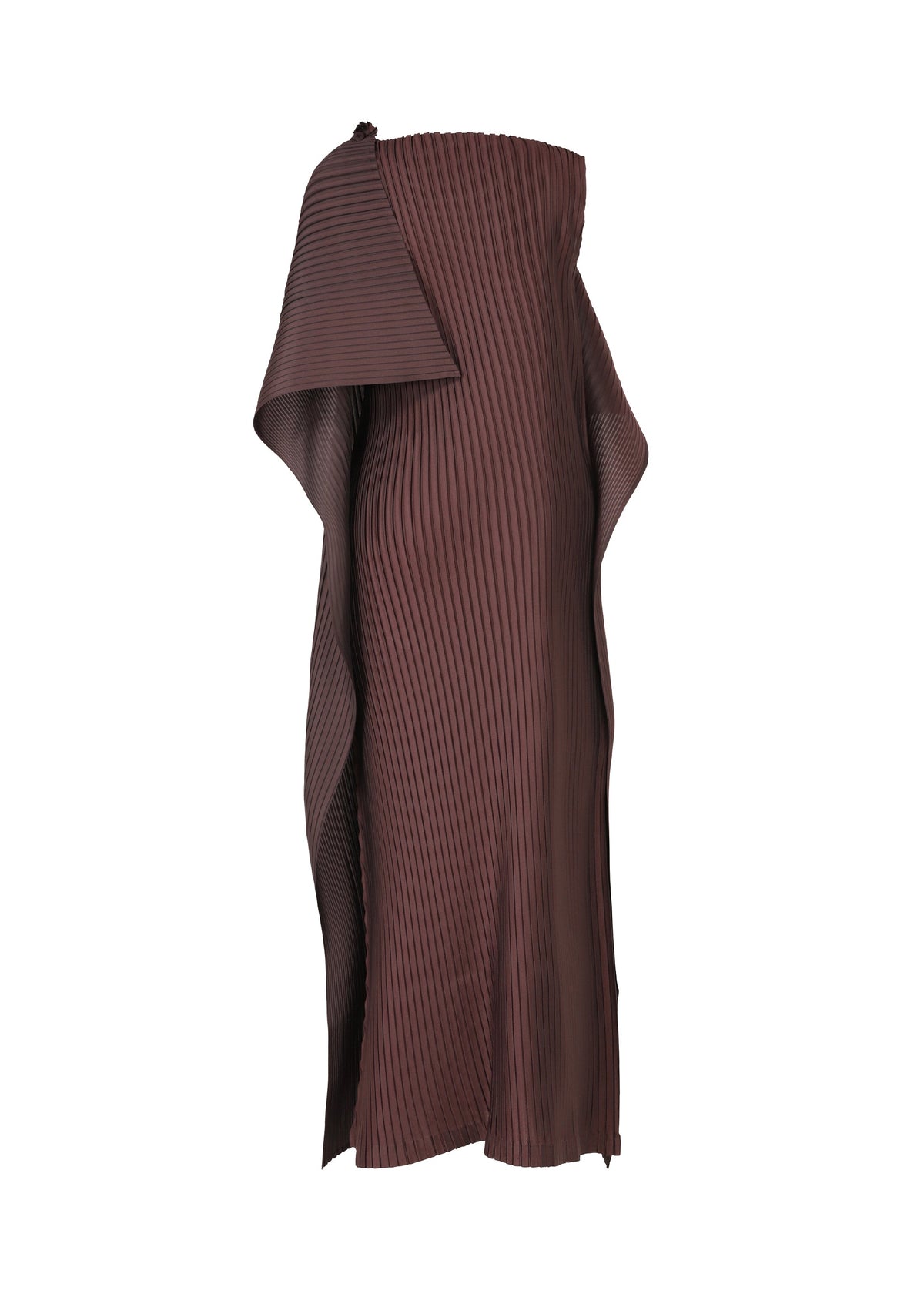 The PLEATED ON PLEATS dress by ISSEY MIYAKE is a brown, asymmetrical piece with a pleated, sculptural design, one shoulder exposed, and striking layered details. view 4 of 8