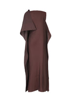 The PLEATED ON PLEATS dress by ISSEY MIYAKE is a brown, asymmetrical piece with a pleated, sculptural design, one shoulder exposed, and striking layered details.