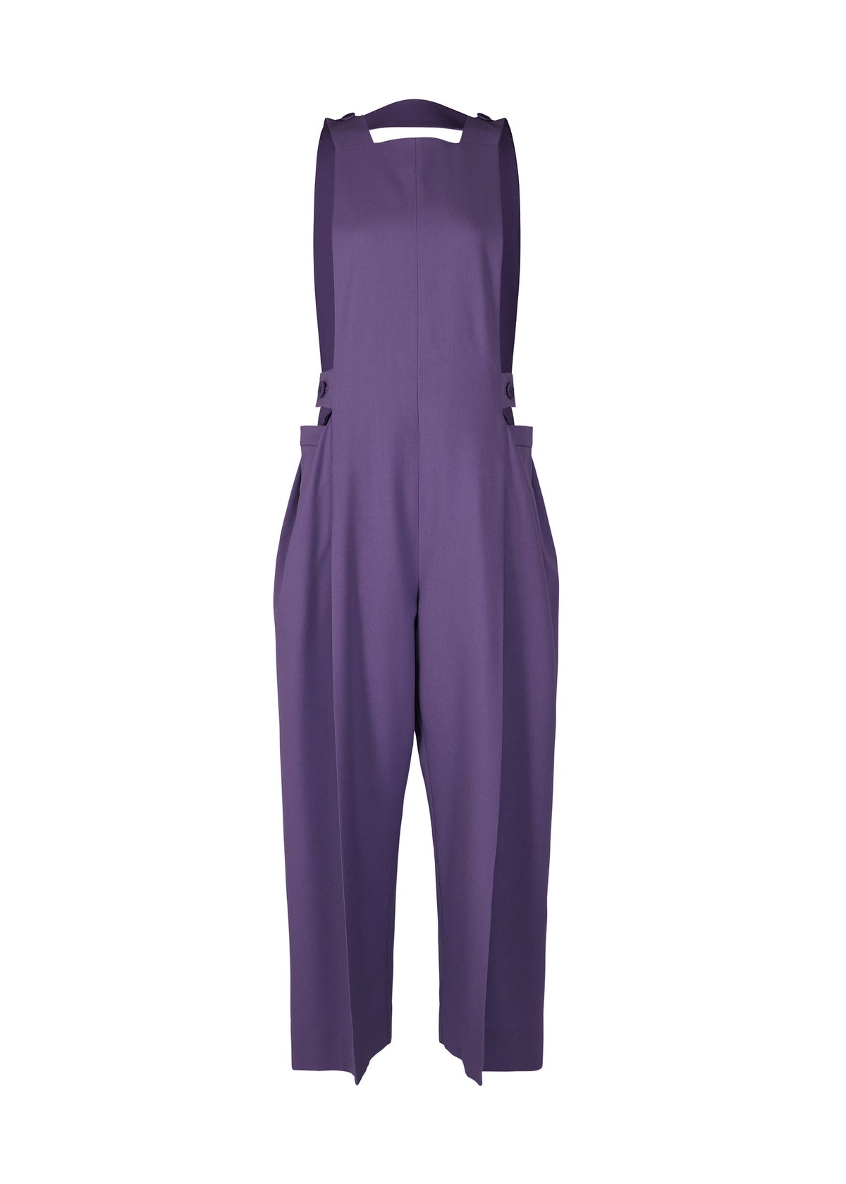 The BELTED WOOL PANTS by ISSEY MIYAKE, shown against a plain white background, feature a purple Saxony fabric with wide shoulder straps, side pockets, and loose-fitting, cropped legs. view 2 of 7