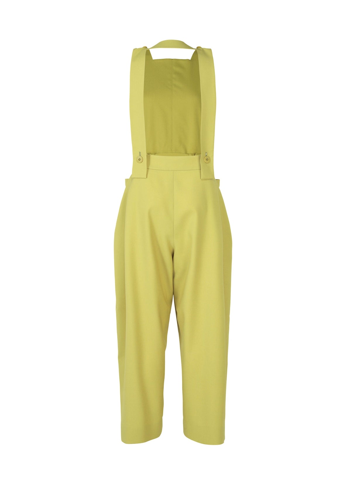 BELTED WOOL PANTS by ISSEY MIYAKE, in yellow-green Saxony fabric with a high waist, wide straps, and loose-fitting cropped legs, shown on a plain white background. view 3 of 7