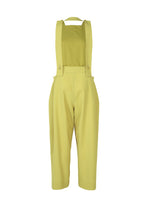 BELTED WOOL PANTS by ISSEY MIYAKE, in yellow-green Saxony fabric with a high waist, wide straps, and loose-fitting cropped legs, shown on a plain white background.