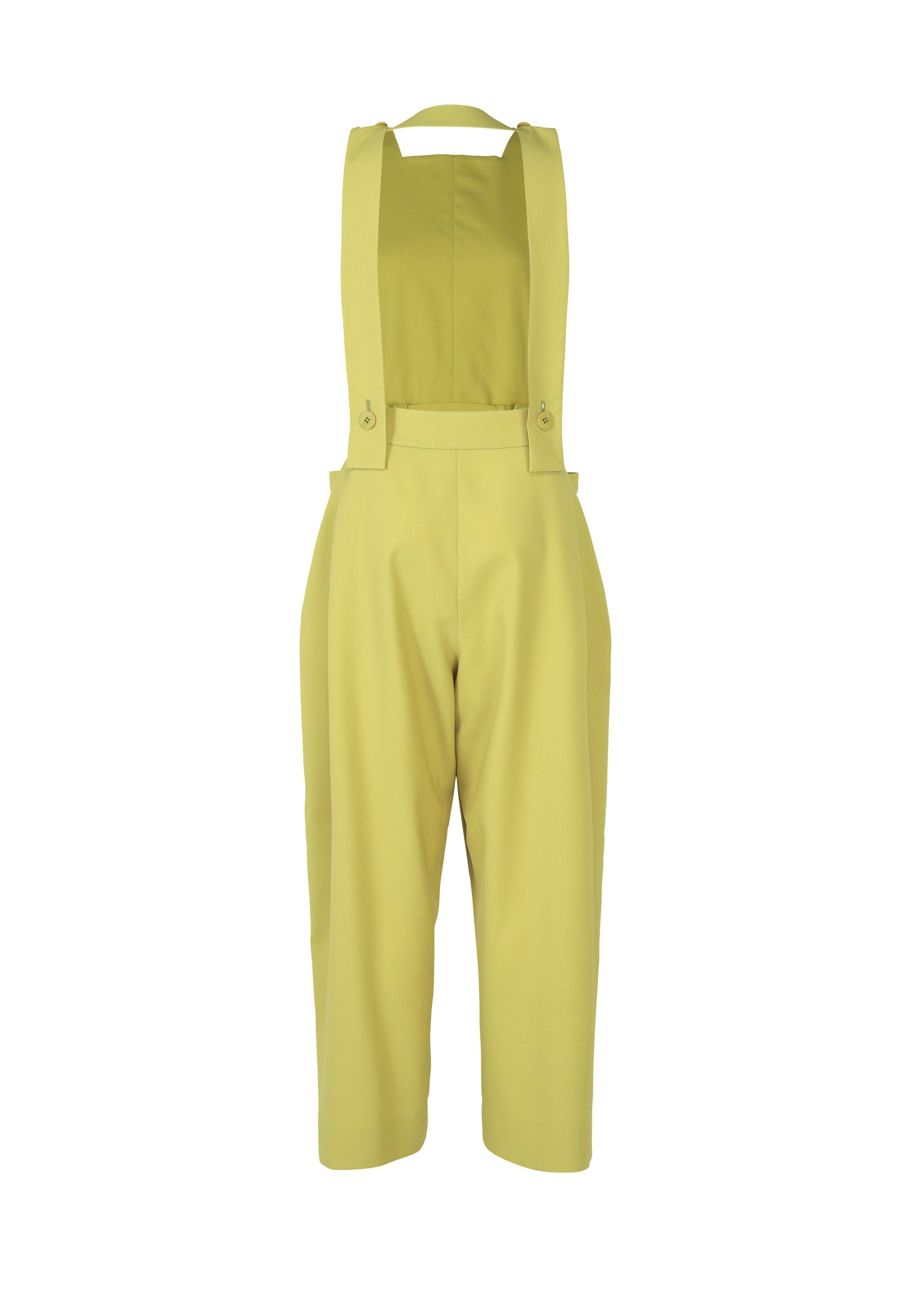 Zoomed view BELTED WOOL PANTS by ISSEY MIYAKE, in yellow-green Saxony fabric with a high waist, wide straps, and loose-fitting cropped legs, shown on a plain white background.