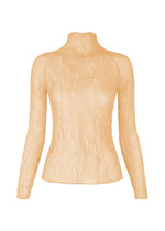 The CHIFFON TWIST 1 by ISSEY MIYAKE is a beige, sheer long-sleeved top with a high neckline and subtle crinkled pattern, made from recycled polyester and shown on a plain white background. - CHUKAR BEIGE (no.42)