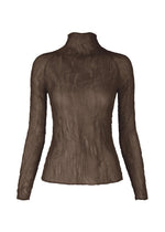 The ISSEY MIYAKE CHIFFON TWIST 1 is a fitted brown sheer top with pleats, long sleeves, a high neckline, and crinkled textured fabric for a slightly translucent look. - DARK BROWN (no.45)