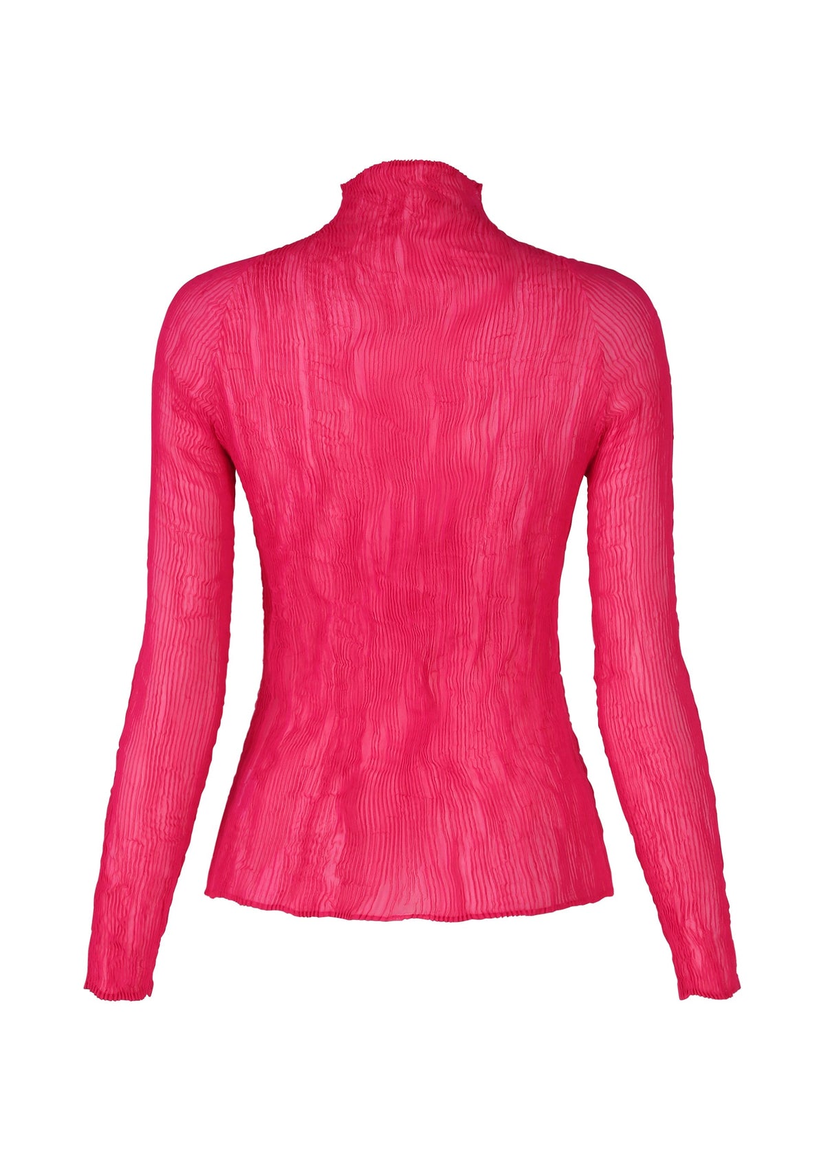 The CHIFFON TWIST 1 by ISSEY MIYAKE is a bright pink, sheer long-sleeved blouse with pleats, a high neckline, and a fitted silhouette, crafted from recycled polyester and shown from the back. view 4 of 7