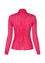 The CHIFFON TWIST 1 by ISSEY MIYAKE is a bright pink, sheer long-sleeved blouse with pleats, a high neckline, and a fitted silhouette, crafted from recycled polyester and shown from the back.