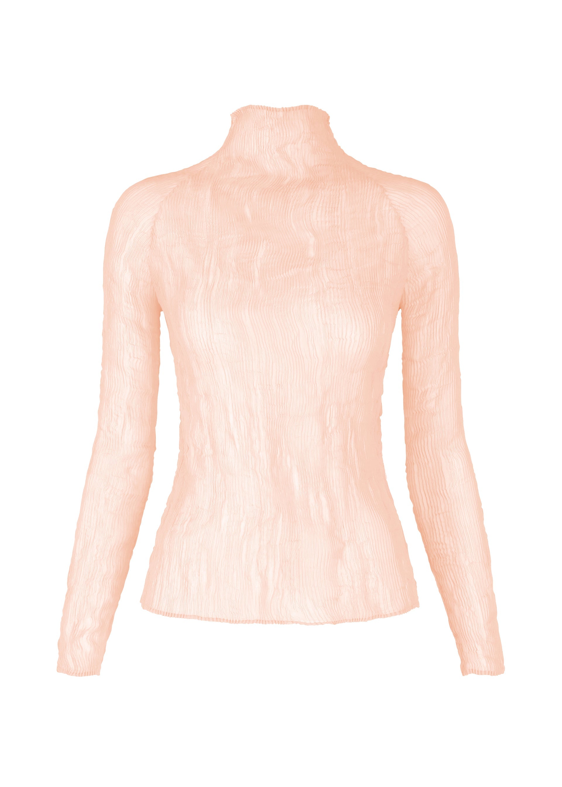 Zoomed view The ISSEY MIYAKE CHIFFON TWIST 2 is a fitted, long-sleeve turtleneck top in light peach. Made from pleated recycled polyester chiffon, this semi-sheer piece features a crinkled texture and is shown on a plain white background. - LIGHT PINK （no.21）