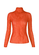 The ISSEY MIYAKE CHIFFON TWIST 2 is a bright orange women's pleated top featuring long sleeves, a high neckline, and textured crinkled recycled polyester. Shown on a plain white background. - MACAW RED （no.28）