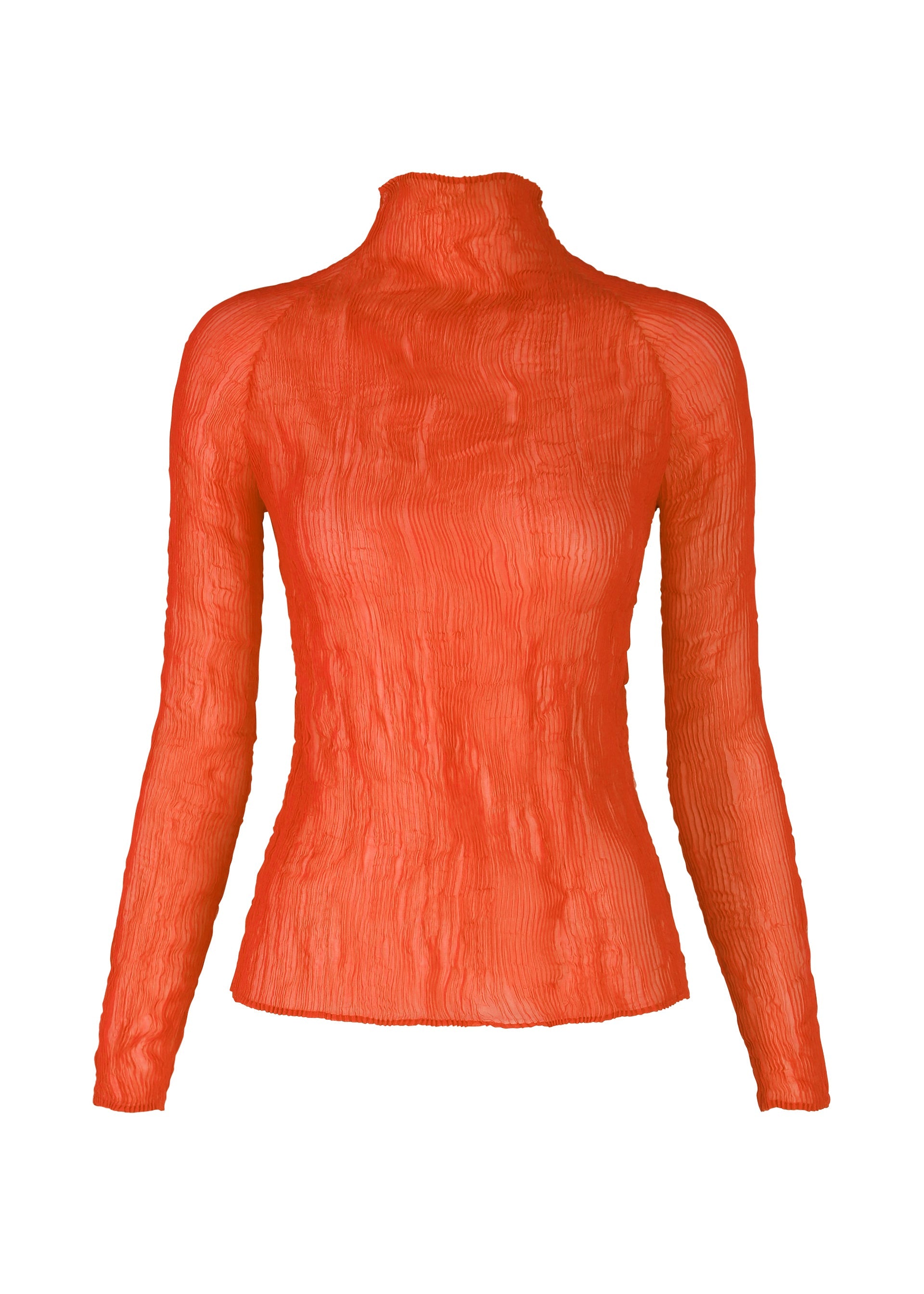 Zoomed view The ISSEY MIYAKE CHIFFON TWIST 2 is a bright orange women's pleated top featuring long sleeves, a high neckline, and textured crinkled recycled polyester. Shown on a plain white background. - MACAW RED （no.28）