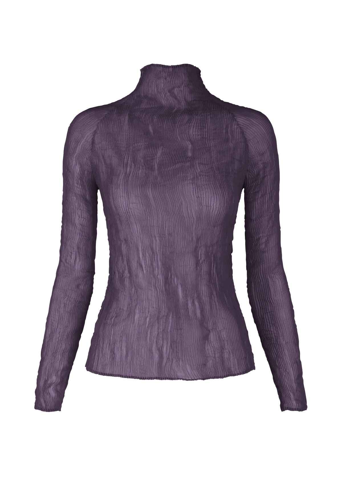 The ISSEY MIYAKE CHIFFON TWIST 2 is a purple, long-sleeve, high-neck pleated top made from recycled polyester with a crinkled texture, shown against a white background. view 3 of 8