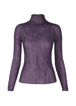 The ISSEY MIYAKE CHIFFON TWIST 2 is a purple, long-sleeve, high-neck pleated top made from recycled polyester with a crinkled texture, shown against a white background. - DARK PURPLE （no.82）