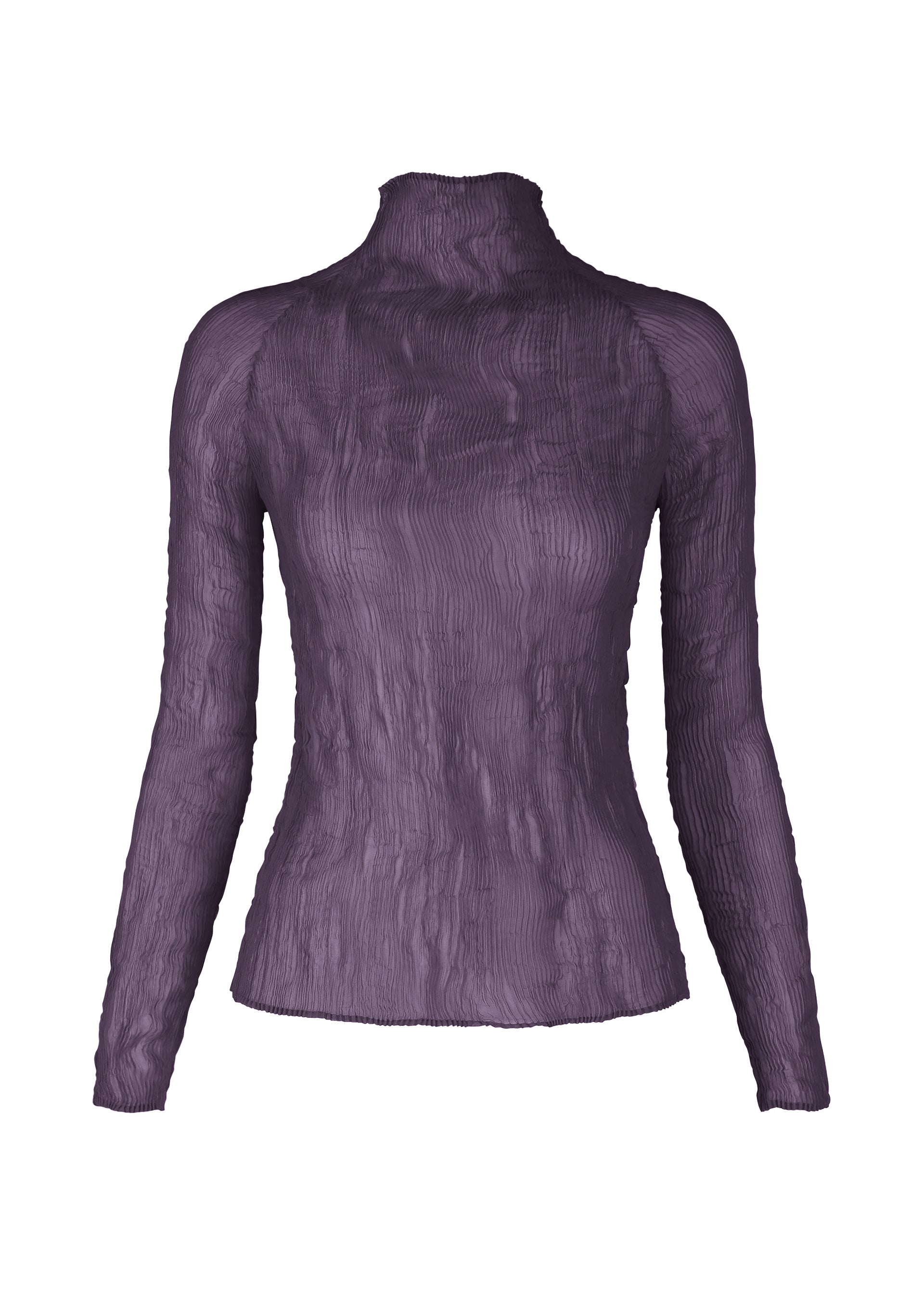 Zoomed view The ISSEY MIYAKE CHIFFON TWIST 2 is a purple, long-sleeve, high-neck pleated top made from recycled polyester with a crinkled texture, shown against a white background. - DARK PURPLE （no.82）