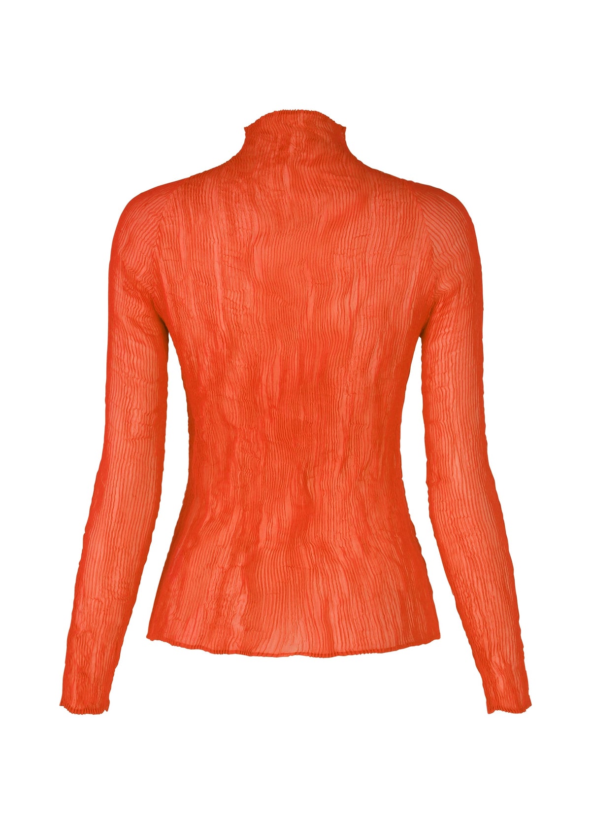 Back view of the CHIFFON TWIST 2 by ISSEY MIYAKE—a long-sleeve, pleated sheer orange top with a high neckline and fitted silhouette, crafted from recycled polyester. view 4 of 8