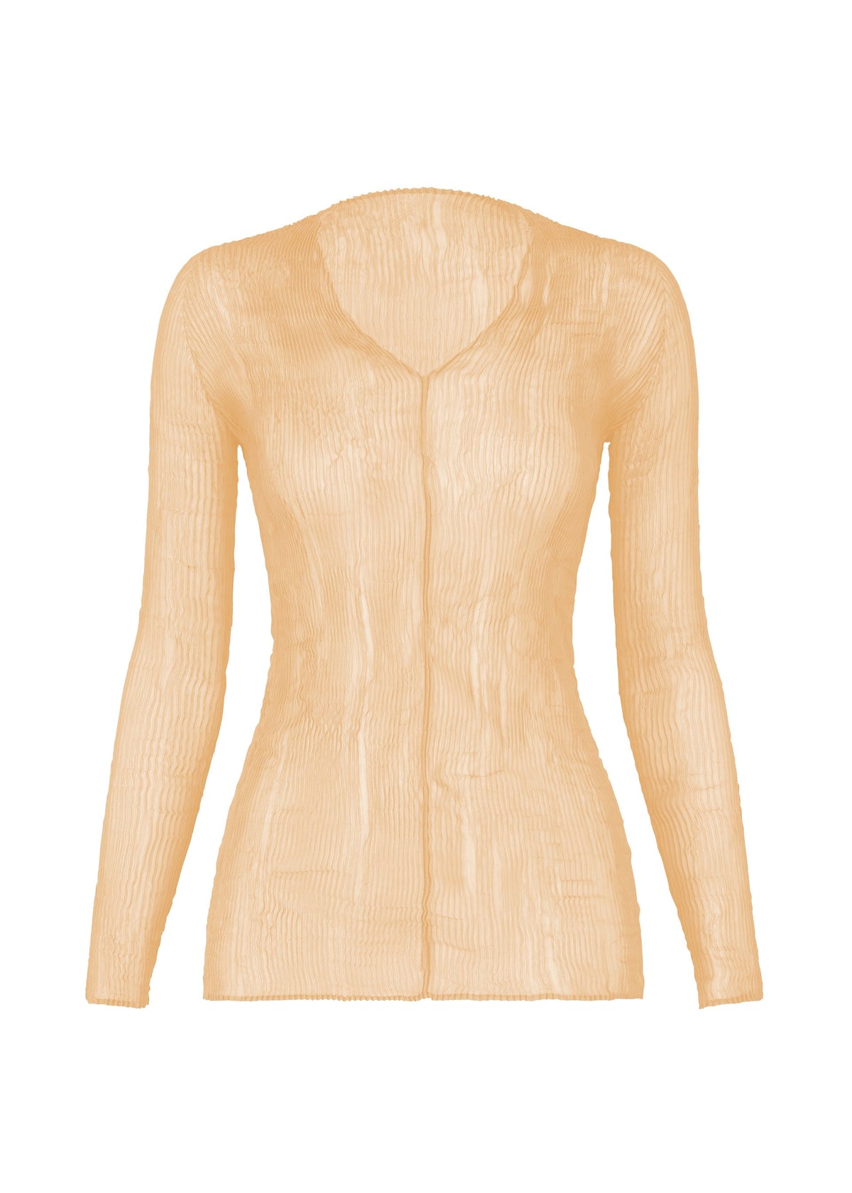 The ISSEY MIYAKE CHIFFON TWIST 1 is a sheer light beige long-sleeve V-neck top with a subtle vertical crinkle texture, fitted silhouette, and crafted from recycled polyester, shown against a white background. view 2 of 10